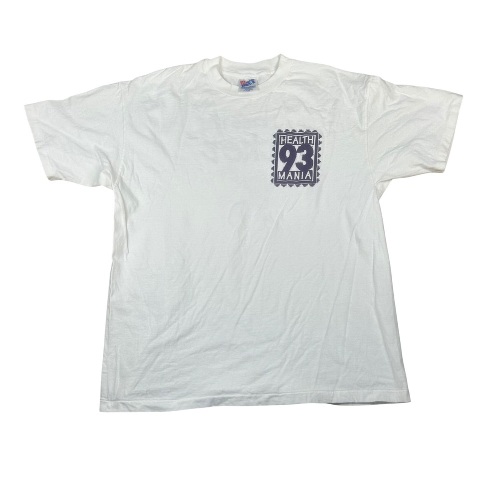 Vintage 90s Hanes Beefy-T Health Mania 93 White Graphic T-Shirt Mens XL USA Made